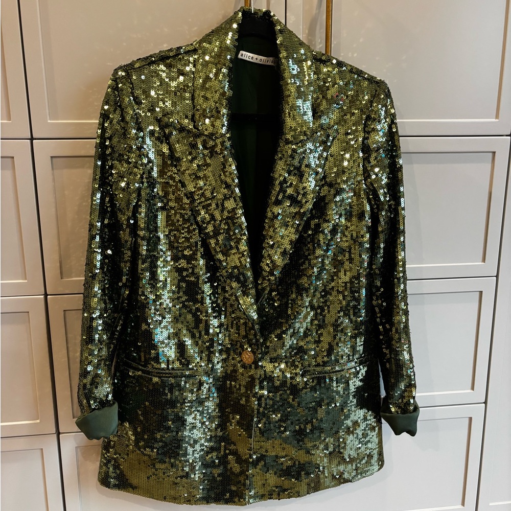 Alice and Olivia Quincy sequin olive green blazer